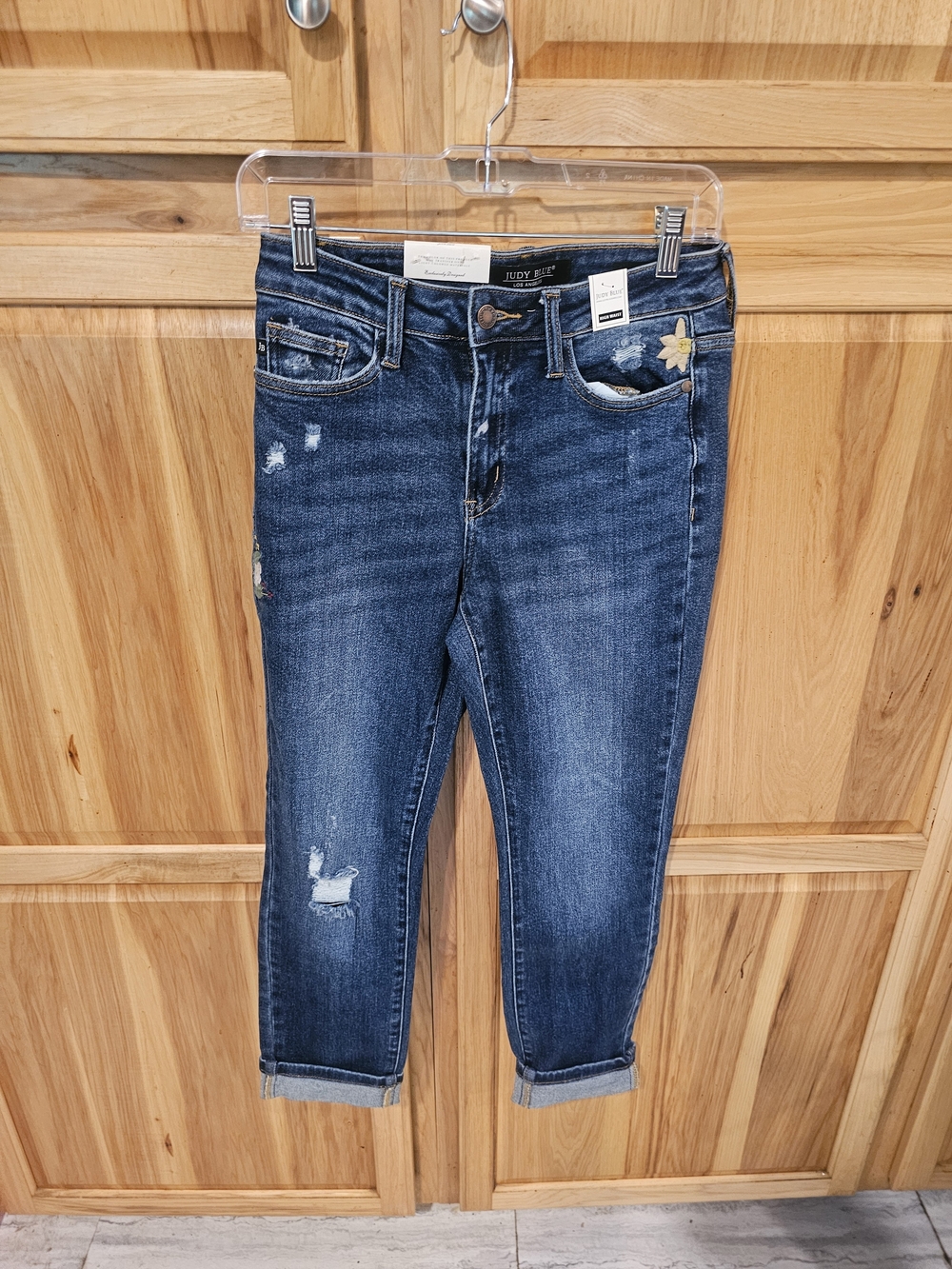 Judy Blue Dark Wash Cropped Distressed Jeans with Yellow Floral Accent
